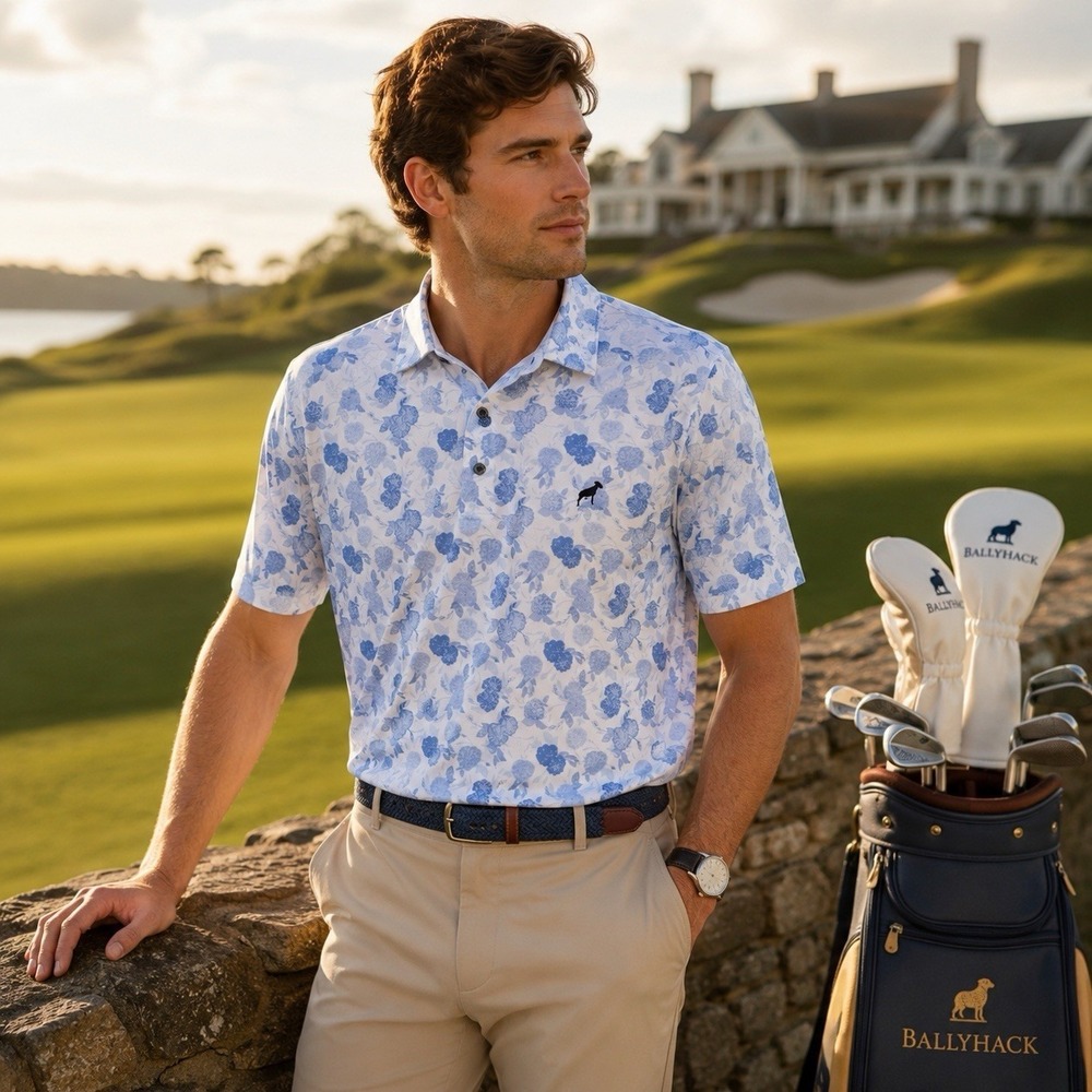 FootJoy Lisle Golf Polo XL Ballyhack Golf Club Vintage Floral Self Collar Sky